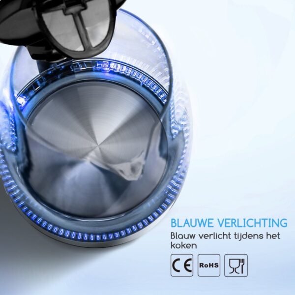 Aigostar Adam 30GOM - Glazen Waterkoker met LED - 1,7L - 360° draaibaar - Blauw LED verlichting - 2200W - Zwart
