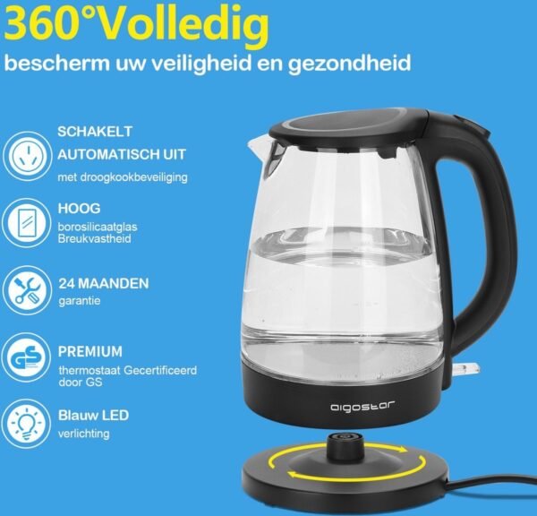Aigostar Adam 30GOM - Glazen Waterkoker met LED - 1,7L - 360° draaibaar - Blauw LED verlichting - 2200W - Zwart
