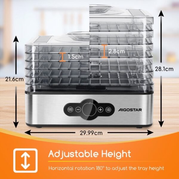 Aigostar Crispy 30INI Voedseldroger - Elektrische Droogautomaat - 5 Laags - 35°C tot 70°C - LCD Display - 99-uurs Timer - RVS/Zwart