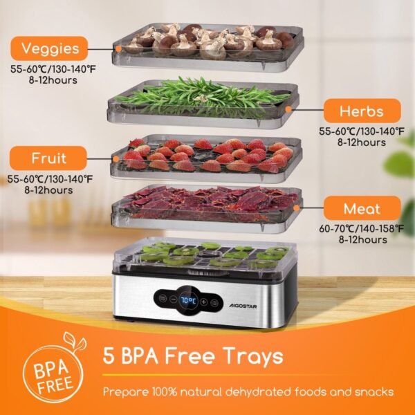 Aigostar Crispy 30INI Voedseldroger - Elektrische Droogautomaat - 5 Laags - 35°C tot 70°C - LCD Display - 99-uurs Timer - RVS/Zwart