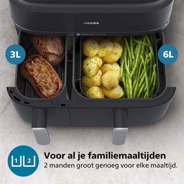 Philips 5000 Series Dual Basket Airfryer - NA551/00 - Stoomfunctie - Dubbele Mand - 9L - Tot 6 Personen