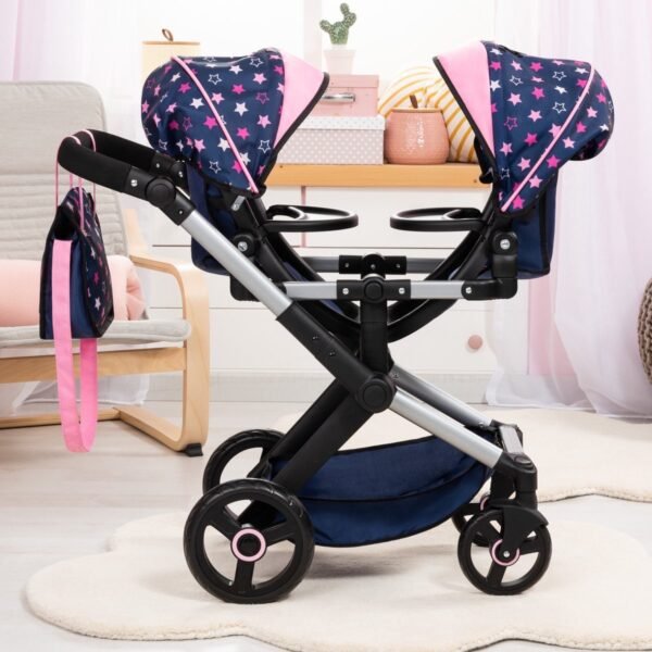 Bayer Design - Tweeling poppenwagen Twin Xeo, wagen, verstelbare handgreep, tas, blauw, roze, sterren