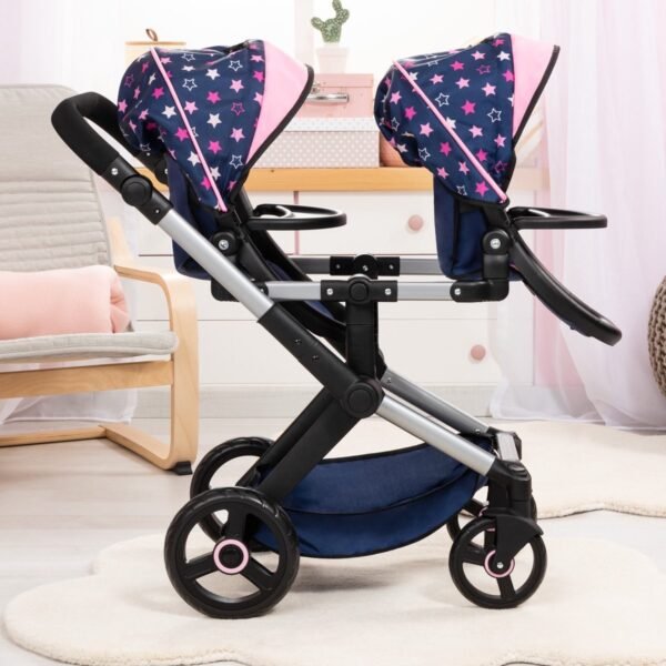Bayer Design - Tweeling poppenwagen Twin Xeo, wagen, verstelbare handgreep, tas, blauw, roze, sterren